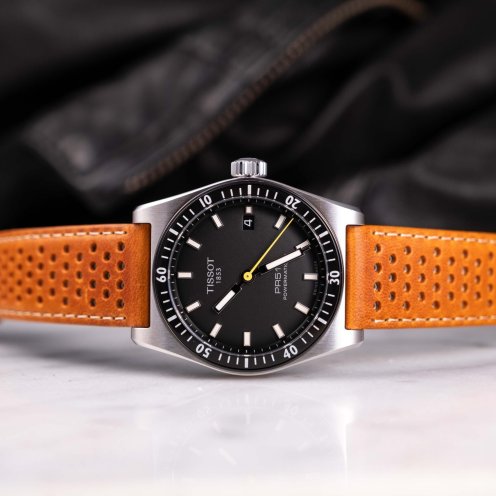 Tissot PR516 Powermatic 80 on leather strap, standing crown up