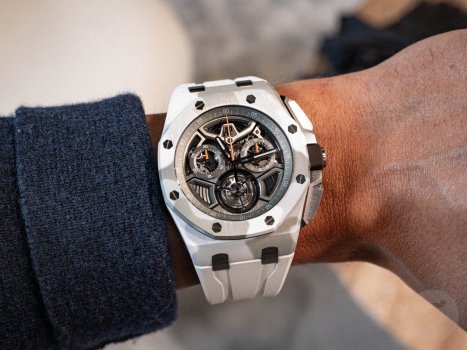 wrist shot of an Audemars Piguet Offshore prototype with a case made using Spark Plasma Sintering (SPS) technology