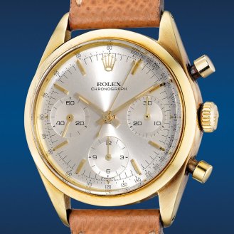 gold Rolex Chronograph ref. 6238 "Pre-Daytona" with silver dial brown leather strap