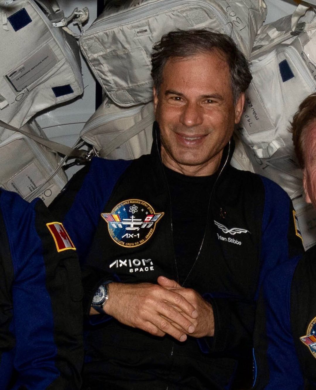 Eytan Stibbe wearing his Speedmaster Silver Snoopy Award 50th Anniversary in space